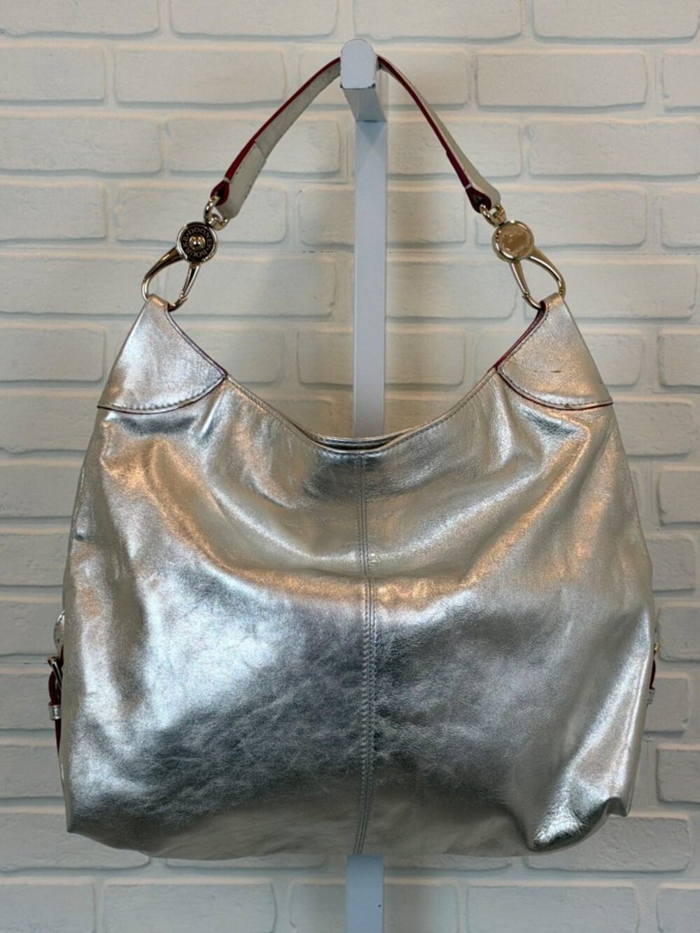 Vintage Dooney & Bourke Hobo Shoulder Bag Metallic Silver Leather